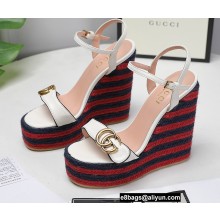 Gucci Leather Striped Platform 4cm Heel 13cm Wedge Sandals White with Double G