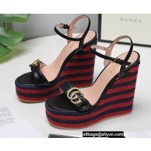 Gucci Leather Striped Platform 4cm Heel 13cm Wedge Sandals Black with Double G