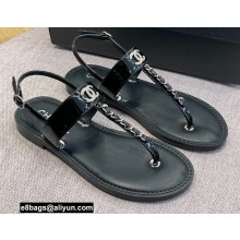 Chanel Chain Patent Calfskin Flat Thong Sandals G38221 Black 2022