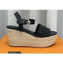 Louis Vuitton Perforated Calf Leather Starboard Wedge Espadrilles Sandals Black 2022