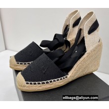 Prada Linen Logo Embroidered Platform 8cm Wedge Espadrilles Black 2022