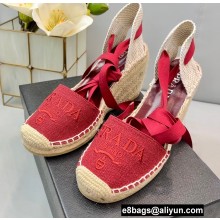 Prada Linen Logo Embroidered Platform 8cm Wedge Espadrilles Red 2022