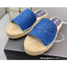Prada Linen Logo Embroidered Espadrilles Slides Blue 2022