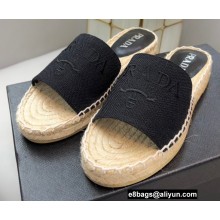 Prada Linen Logo Embroidered Espadrilles Slides Black 2022