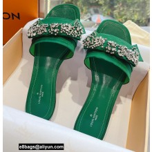 Louis Vuitton Crystal Bow Diva Flat Mules Embroidered Satin Green 2022