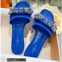 Louis Vuitton Crystal Bow Diva Flat Mules Embroidered Satin Blue 2022