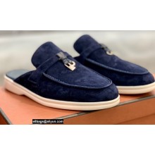 Loro Piana Suede Calfskin Babouche Charms Walk Loafers Dark Blue