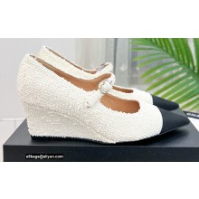 Chanel Heel 6cm Grosgrain Wedge Open Shoes G38733 Tweed White 2022