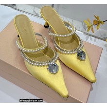 Mach & Mach Heel 6cm Pearl Crystal Mules Satin Yellow 2022
