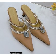 Mach & Mach Heel 6cm Pearl Crystal Mules Satin Nude 2022