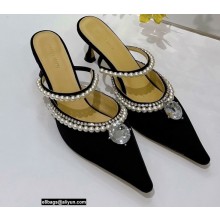 Mach & Mach Heel 6cm Pearl Crystal Mules Satin Black 2022