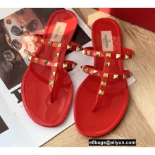 Valentino Rockstud Flat Rubber Thong Slide Sandals Red