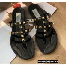 Valentino Rockstud Flat Rubber Thong Slide Sandals Black