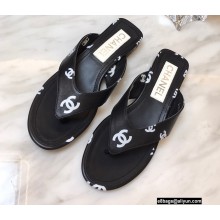 Chanel Logo Printed Lambskin Thong Flat Mules Black 2022