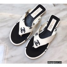 Chanel Logo Printed Lambskin Thong Flat Mules White 2022