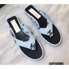 Chanel Logo Printed Lambskin Thong Flat Mules Blue 2022