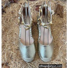 Valentino Grainy Calfskin Double Rockstud Wedge Espadrilles Metallic Gold