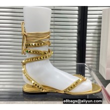 Valentino Rockstud No Limit Nappa Flat Thong Ankle Sandals Gold 2022
