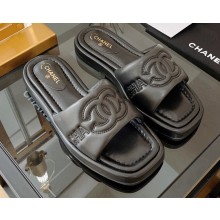 Chanel Logo Embroidery Slides Mules Black 2022