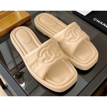 Chanel Logo Embroidery Slides Mules Beige 2022