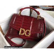 Dolce & Gabbana DG Amore Top Handle Bag in Crocodile-print Calfskin Burgundy