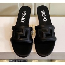 Versace Greca Maze Calfskin Flat Sandals Black 2022
