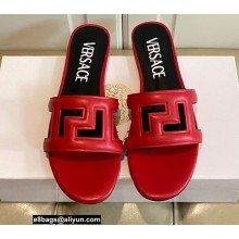 Versace Greca Maze Calfskin Flat Sandals Red 2022