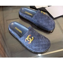 Chanel CC Logo Suede Calfskin Mules G38648 Navy Blue 2022
