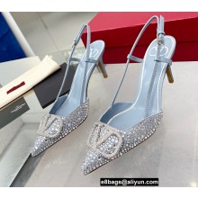 Valentino Heel 7.5cm Crystal VLogo Signature rhinestone slingback pumps Baby Blue 2022