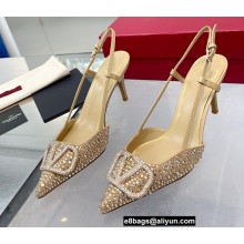 Valentino Heel 7.5cm Crystal VLogo Signature rhinestone slingback pumps Gold 2022