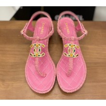 Chanel Heel Jewel CC Logo Thong Sandals G36402 Tweed Pink 2022