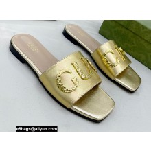 Gucci logo with star leather slides 694858 Gold 2022