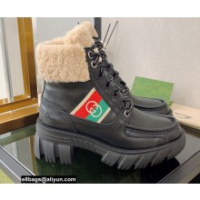 Gucci Heel 6cm Platform 2cm Shearling Ankle boots Black with Interlocking G Stripe 2022