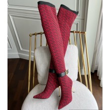 Balmain Heel 9.5cm Bicolor knit Raven thigh-high boots with monogram strap 03 2022