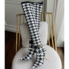 Balmain Heel 9.5cm Bicolor knit Raven thigh-high boots houndstooth pattern 2022