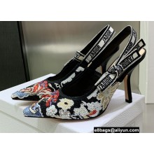 Dior Heel 9.5cm J'Adior Slingback Pumps in Black Embroidered Cotton with Toile de Jouy Pop Motif in Multicolor Beads and Strass 2022