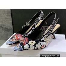 Dior Heel 6.5cm J'Adior Slingback Pumps in Black Embroidered Cotton with Toile de Jouy Pop Motif in Multicolor Beads and Strass 2022