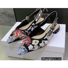Dior J'Adior Slingback Ballerina Flats in Black Embroidered Cotton with Toile de Jouy Pop Motif in Multicolor Beads and Strass 2022