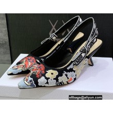 Dior Heel 6.5cm J'Adior Slingback Pumps in Black Multicolor Embroidered Cotton with Toile de Jouy Pop Motif 2022