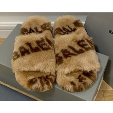 Balenciaga Allover Logo Furry Slide Sandals Brown 2022