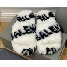 Balenciaga Allover Logo Furry Slide Sandals White 2022