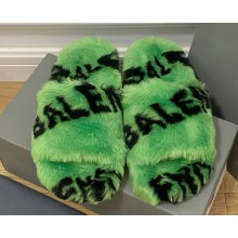 Balenciaga Allover Logo Furry Slide Sandals Green 2022