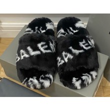 Balenciaga Allover Logo Furry Slide Sandals Black 2022