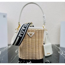 Prada Wicker and canvas bucket bag 1BE062 White 2022