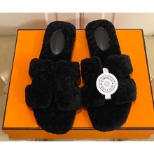 Hermes Woolskin with iconic "H" Oran Sandals Black