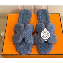 Hermes Woolskin with iconic "H" Oran Sandals Bleu Blue