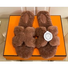 Hermes Woolskin with iconic "H" Oran Sandals Brown