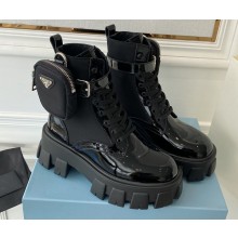 Prada Monolith leather and nylon fabric lace-up Ankle boots with Removable pouch 1T255M Patent Black
