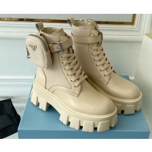 Prada Monolith leather and nylon fabric lace-up Ankle boots with Removable pouch 1T255M Beige