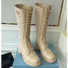 Prada Brushed leather and Re-Nylon lace-up High boots 1W906M Beige